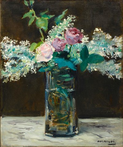 Vase mit weißen und rosa Flieder von Édouard Manet